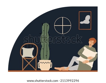 The girl experiences loneliness while sitting at home with a pillow on the floor. Sad depressed woman in the room at night. Vector illustration in a flat style.