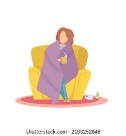 Girl experiencing abdominal pain. Vector cartoon illustration.