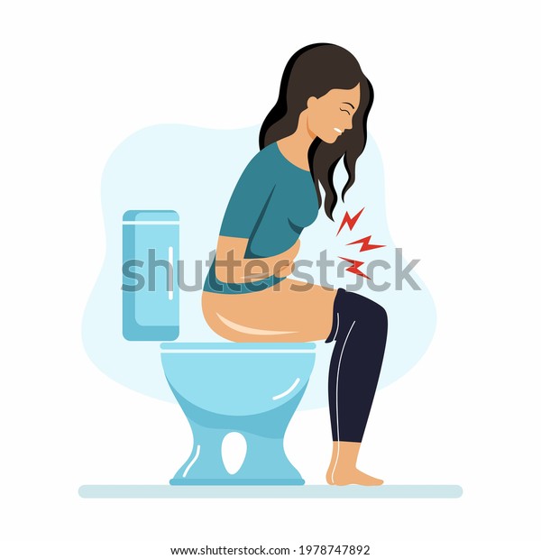 Girl is experiencing abdominal pain. Woman is\
sitting in  toilet. Constipation and hemorrhoids. Problems with\
defecation.