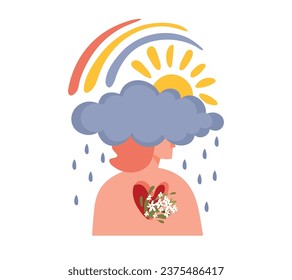 A girl experiencing different emotions - love, sadness, fear, anger. Concept of psychological support, self-care, mental balance. Flat cartoon vector illustration isolated on white background.