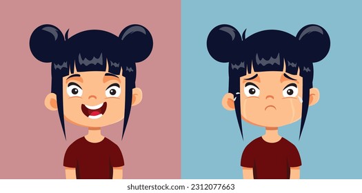 
Girl Experiencing Happy and Sad Emotions Vector Cartoon Character. Cheerful little child experiencing different emotions having fun
