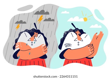 Girl is experiencing problems due to sharp change in weather affecting mood and provoking emotional disorders. Woman suffers from bad mood during rainy season and rejoices when she sees blue sunny sky