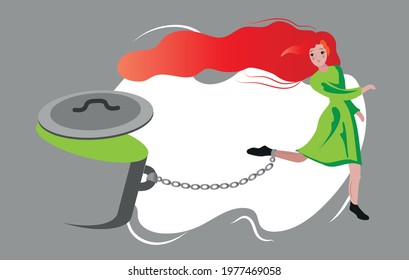 
The girl is experiencing the stress of everyday problems. Running girl chained to a large saucepan. Sad girl emotion. Flat illustration of a girl with an hourglass. Vector illustration.