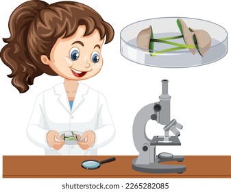 Girl experiment mushroom in the lab illustration