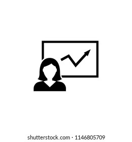 Girl Explaining Chart, Business Presentation. Flat Vector Icon illustration. Simple black symbol on white background. Girl Explaining Chart, Presentation sign design template for web mobile UI element