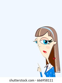 Girl explaining subject isolated on light vertical background. Blank space left for individual message.