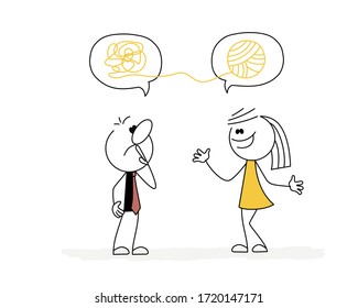Girl explains to the boy. Mess in the head. Vector stickman cartoon character illustration.