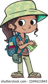 girl explorer with a map and a backpack on her back