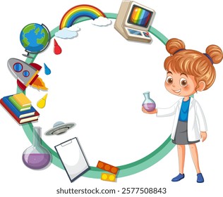 A girl explores science with various educational elements