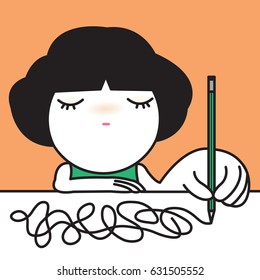 Girl Expresses Her Upset Stressful Mood On White Paper Concept Card Character illustration