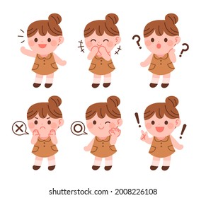 A girl expresses various emotions. Greetings, laughter, wonder, surprise, ok, no. Kindergarten girl character collection vector illustration.