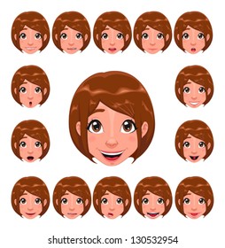 Girl Expressions With Lip Sync. Funny Cartoon And Vector Isolated Character.