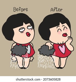 Girl Expressive Different Emotions Feelings Before And After Put Away Cloudy Cloud From Her Heart Concept Card Character illustration