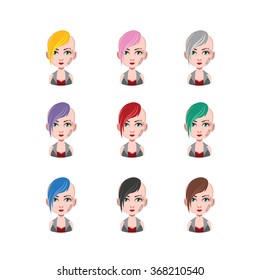 Girl with extreme hairstyle - 9 different hair colors ( flat colors )