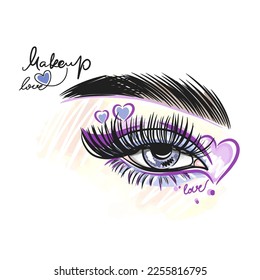 Girl eye with a festive makeup, purple and blue, Love for makeup, handwritten inscription, hearts, fashion