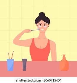 Girl with eye patches is brushing her teeth in the bathroom. Daily morning routine, dental care and beauty.  Bath time.  