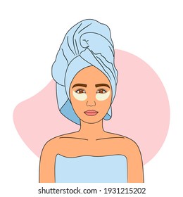 Girl with eye patches on her face. Skincare daily routine. Vector illustration.