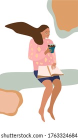 A girl with eye patches sitting, reading a book and holding mug with coffee.Daily morning routine,woman`s breakfast.Vector hand drawn poster. Cosmetics and fashion blogging,vlog,podcast.Domestic life