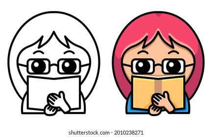 girl with eyeglasses holding a book coloring page for kids