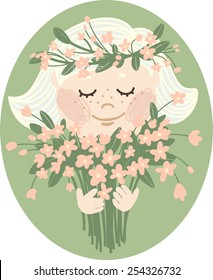 Girl with eyes closed with a bouquet of spring flowers and a wreath on his head. Cartoon character with freckles and short hair, illustration for your design cards, website, leaflets and so on.