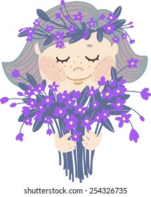 Girl with eyes closed with a bouquet of spring flowers and a wreath on his head. Cartoon character with freckles and short hair, illustration for your design cards, website, leaflets and so on.