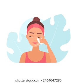 Girl with eyes closed massaging chin according to instructions, holding gua sha in hand vector illustration