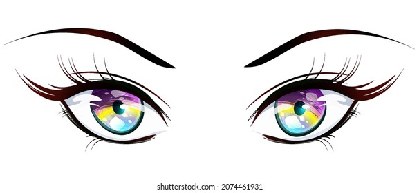 Ojos de chicas al estilo manga. Imagen vectorial de ojos y cejas, separada del fondo.