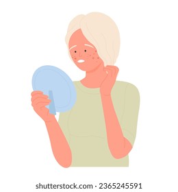 Girl with face acne looking in the mirror. Skin inflammations and pimples flat vector illustration