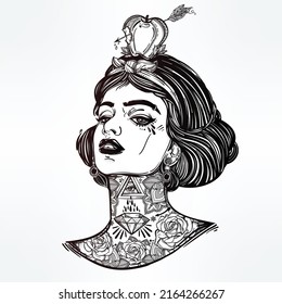 Girl face with apple complex tattoo design vector art clipart