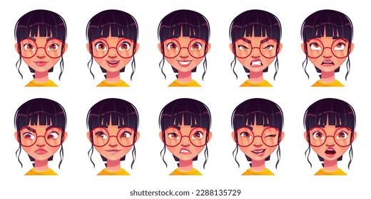 Girl face avatar with different emotion expression icon set. Woman character happy, sad, angry and surprise cartoon portrait isolated on white background. Wow and upset profile portrait illustration.