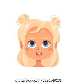 Girl face for avatar vector illustration. Cartoon isolated portrait of adorable kid with stylish blond hair and blue eyes, cute female head with pretty fashion hairdo for profile, funny stylish child