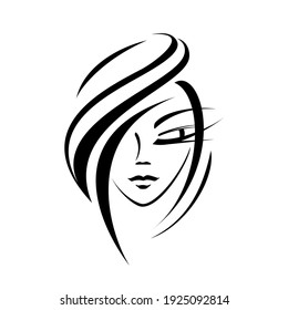 girl face. beauty salon icon. hairdressing logo. lip and eyebrow tattoo. eyelash extension. concept - youth, cosmetology. vector flat style illustration