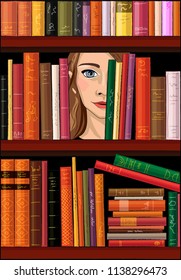 Girl face behind bookshelves, vector illustration