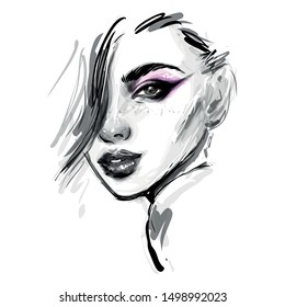 Girl face black and white vector drawing