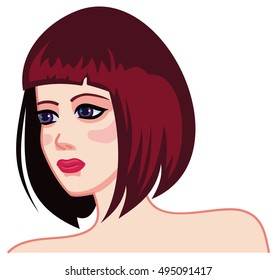 Girl Face With Brown Hair And Modern Haircut. Medium Hair Style. Vector Clip Art.