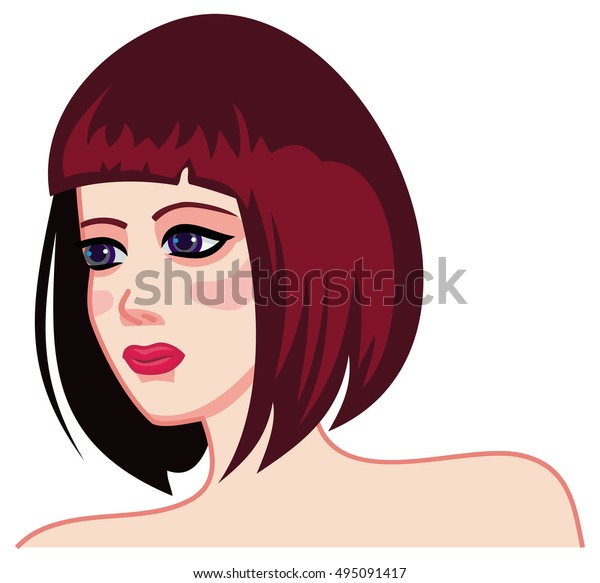 Girl Face Brown Hair Modern Haircut Stock Vektorgrafik