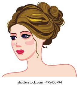 Girl Face With A Bun At The Nape. Long Hair Romantic Style. Vector Clip Art.