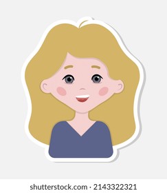 Girl face. Cartoon young smiling blond lady portrait. Vector illustration. Sticker. For avatar, t shirt, greeting card.
