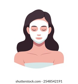 Rosto de menina com olhos fechados em máscara facial cosmética. SPA avatar de mulher jovem em máscara cosmética, creme, tratamento de pele. Conceito de cuidados com a pele. Relaxamento. Ilustração plana vetorial sobre fundo branco.