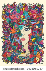 Girl, face, girl with colorful flowers, nature