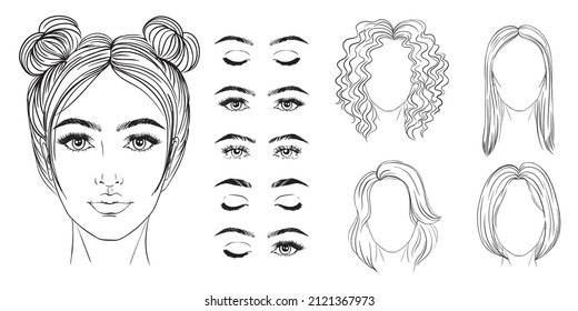 Girl face construction, avatar creation with different head parts isolated on white background. Vector cartoon set of young woman