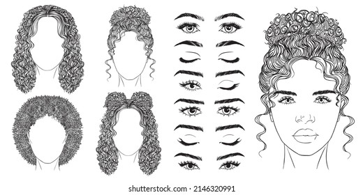 Girl face construction, avatar creation with different head parts isolated on white background. Vector cartoon set of young woman