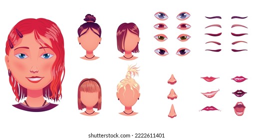 Girl-Gesichtsbau, Avatar-Kreation mit verschiedenen Kopfteilen. Vektorgrafik-Set von jungen Frauen oder weiblichen Augen, Nasen, Augenbrauen und Lippen. Head Pack für Gesichtsgenerator einzeln auf weißem Hintergrund