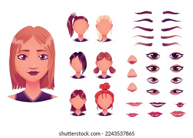 Girl face construction, avatar creation with different head parts. Vector cartoon set of young woman or female eyes, noses, brows and lips. Head pack for face generator isolated on white background