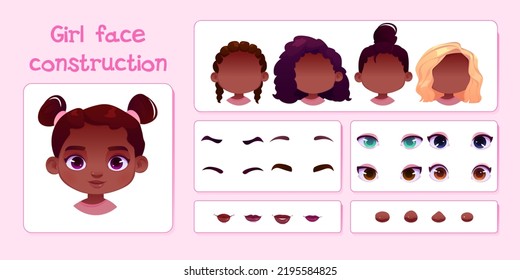 Girl face construction, child african creation with head parts isolated on pink background. Vector cartoon set of black skin kid face generator with eyes, noses, hairstyles, brows and lips