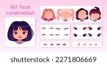 Girl face construction, child avatar creation with head parts isolated on pink background. Vector cartoon set of asian kid face generator with eyes and glasses, noses, hairstyles, brows and lips.