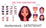 Girl face construction with different hair cuts, lips and noses, eyes and eyebrows. Cartoon vector illustration of young Caucasian woman avatar creation kit. Cute female head diy constructor.