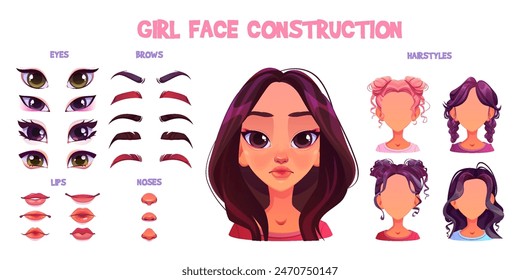 Girl face construction with different hair cuts, lips and noses, eyes and eyebrows. Cartoon vector illustration of young Caucasian woman avatar creation kit. Cute female head diy constructor.