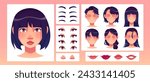 Girl face construction kit. Cartoon vector illustration set of various forms of eyes and brows, nose and lips, haircut for creation of female character avatar. Woman head generator for animation.