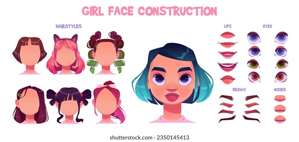 Girl face construction kit. Cartoon facial parts for creation female child avatars with different nose, eyes and brows, hair. Vector illustration of head elements set for caucasian kid face generator.